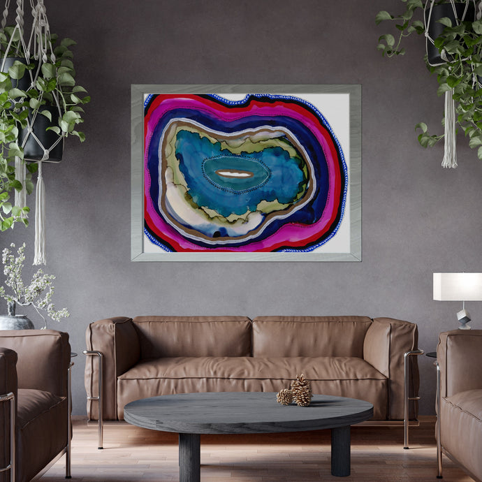 Agate Slice Geode Abstract Painting Art Print Blue Gold Magenta-Abstract Art Prints- by Stephanie Rowan - Lake and River Studio
