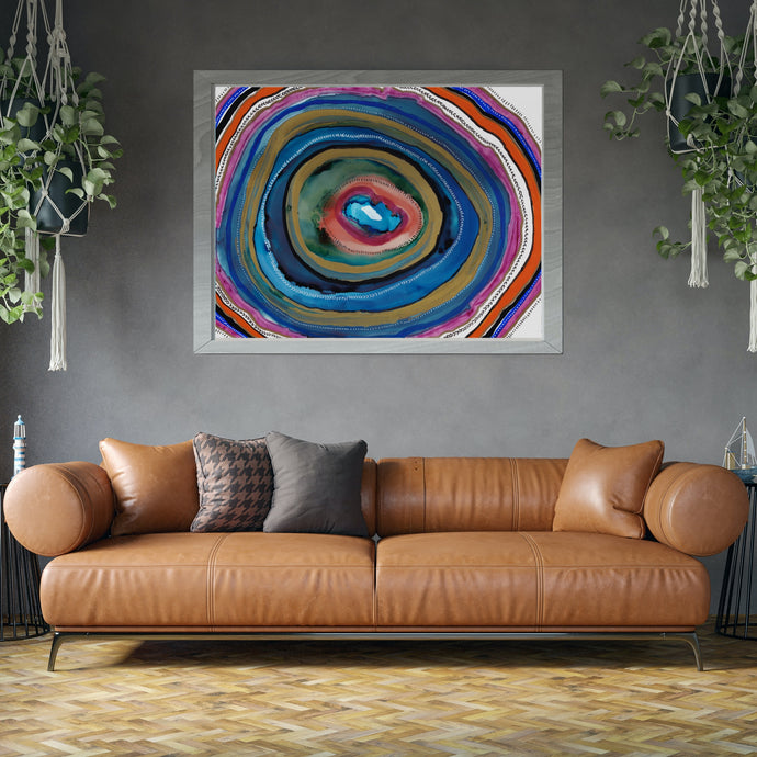 Agate Slice Geode Abstract Painting Art Print Blue Orange Gold-Abstract Art Prints- by Stephanie Rowan - Lake and River Studio