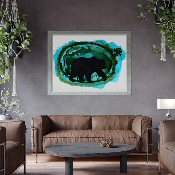 Bear Painting Silhouette Art Print with Blue and Green-Prints- by Stephanie Rowan - Lake and River Studio