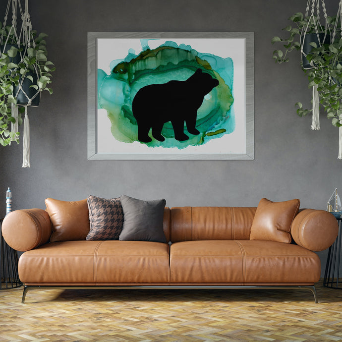 Bear Silhouette Painting Art Print with Green and Turquoise-Prints- by Stephanie Rowan - Lake and River Studio