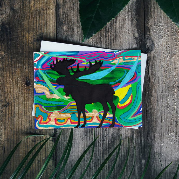 Big Moose Silhouette Painting I Greeting Card | Psychedelic Background-Stationary- by Stephanie Rowan - Lake and River Studio