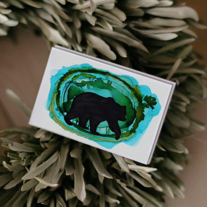 Black Bear Silhouette Greeting Card | Blue and Green Abstract Background-Stationary- by Stephanie Rowan - Lake and River Studio