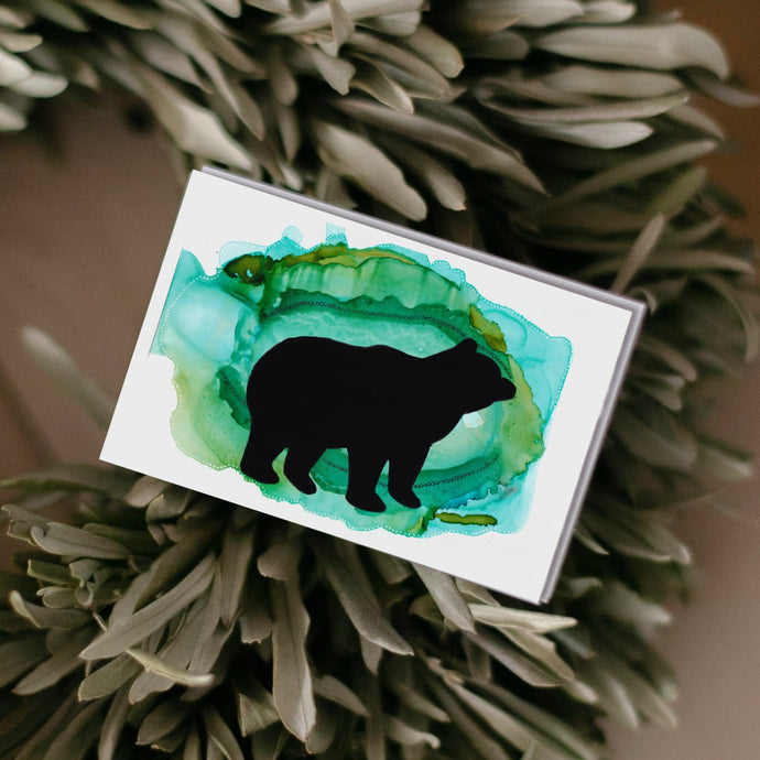 Black Bear Silhouette Greeting Card | Turquoise and Green Abstract Background-Stationary- by Stephanie Rowan - Lake and River Studio