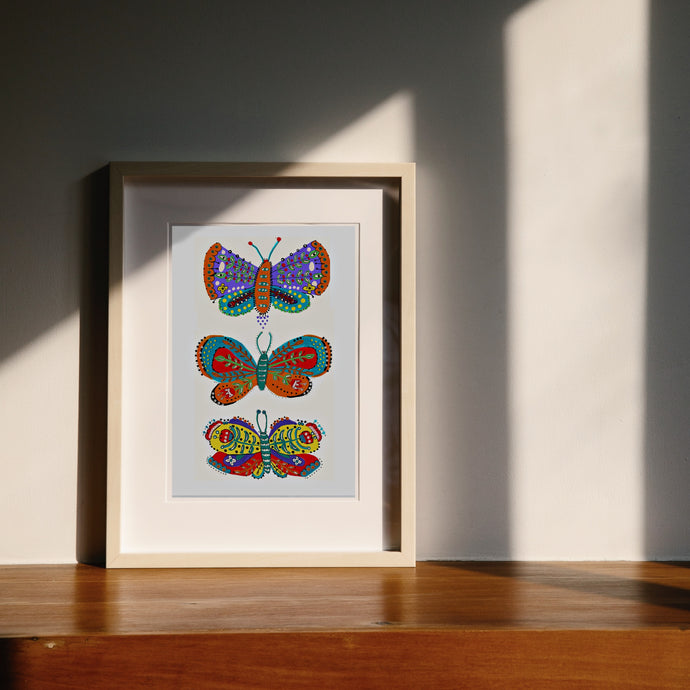 Folk Art Style Butterfly Trio Illustration Art Print-Illustration and Collage Print- by Stephanie Rowan - Lake and River Studio