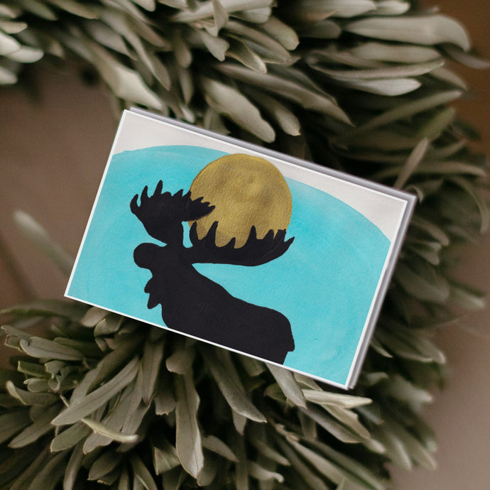 Full Moon Moose Silhouette Greeting Card | Turquoise Background-Stationary- by Stephanie Rowan - Lake and River Studio