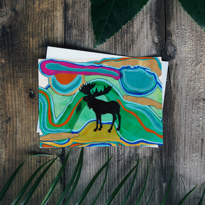 Little Moose Silhouette Painting II Greeting Card | Psychedelic Background-Stationary- by Stephanie Rowan - Lake and River Studio