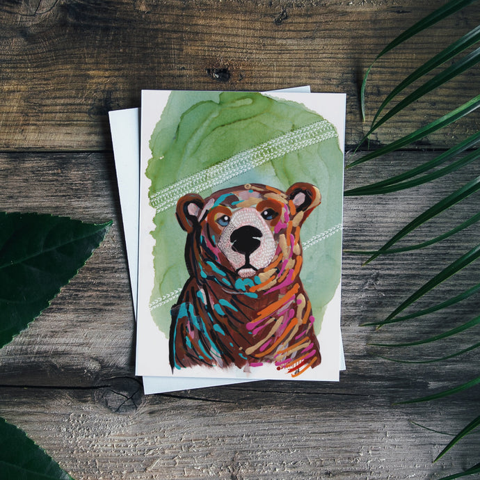 Minnesota Bear Painting Greeting Card | Green Background-Stationary- by Stephanie Rowan - Lake and River Studio