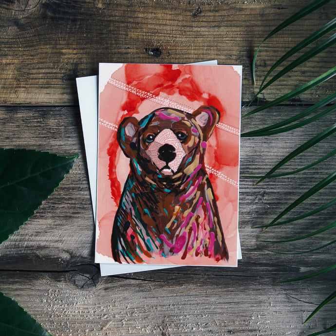 Minnesota Bear Painting Greeting Card | Orange Coral Background-Stationary- by Stephanie Rowan - Lake and River Studio