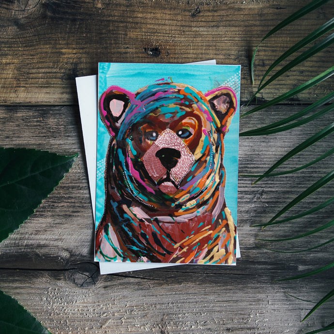 Minnesota Sad Bear Painting Greeting Card | Turquoise Background-Stationary- by Stephanie Rowan - Lake and River Studio