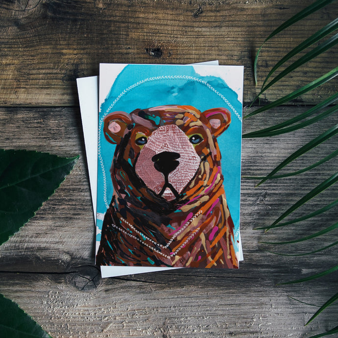 Minnesota Pensive Bear Painting Greeting Card | Blue Background-Stationary- by Stephanie Rowan - Lake and River Studio