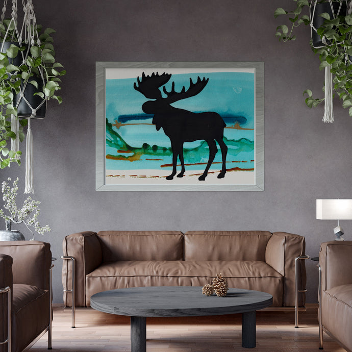 Moose Silhouette Iron Range painting Art Print with Copper and Turquoise-Prints- by Stephanie Rowan - Lake and River Studio