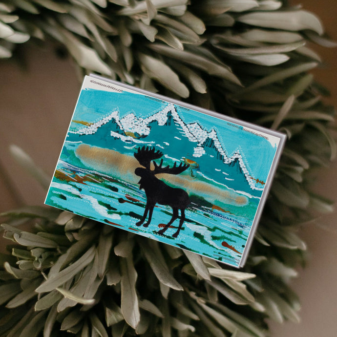 Mountain Moose Silhouette Painting Greeting Card | Blue Landscape Background-Stationary- by Stephanie Rowan - Lake and River Studio