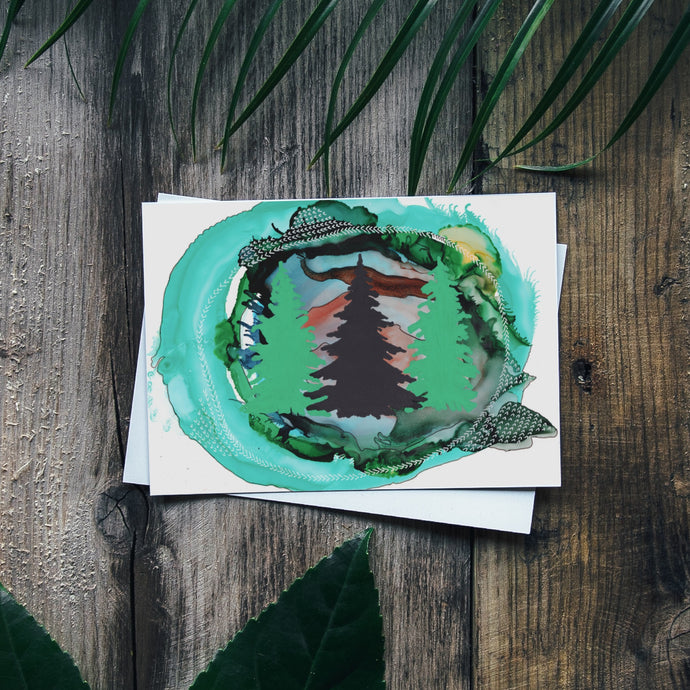 Nordic Pines Moon Rise Silhouette Trees III Greeting Card | Green Abstract Background-Stationary- by Stephanie Rowan - Lake and River Studio