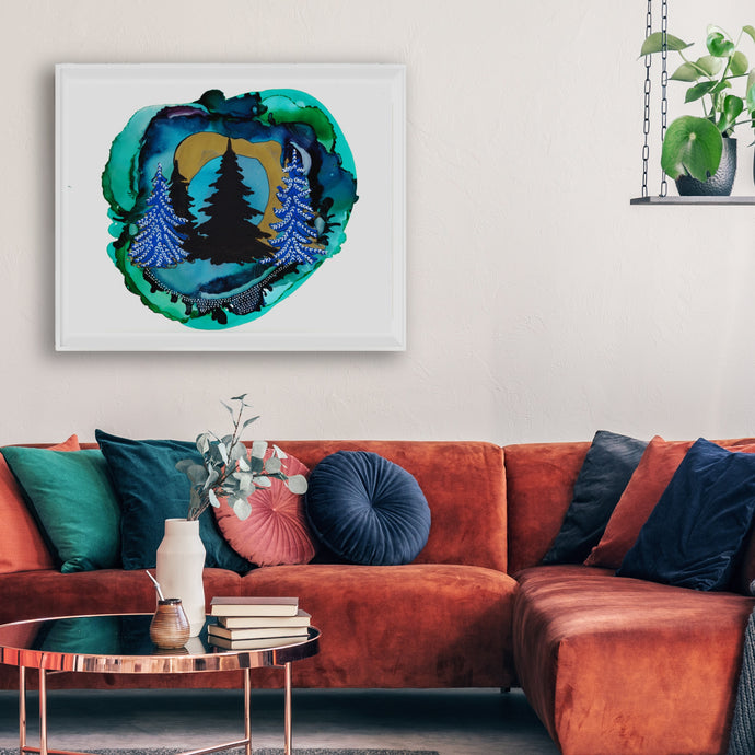 Nordic Pines Surreal Art Print with Gold and Blue-Prints- by Stephanie Rowan - Lake and River Studio