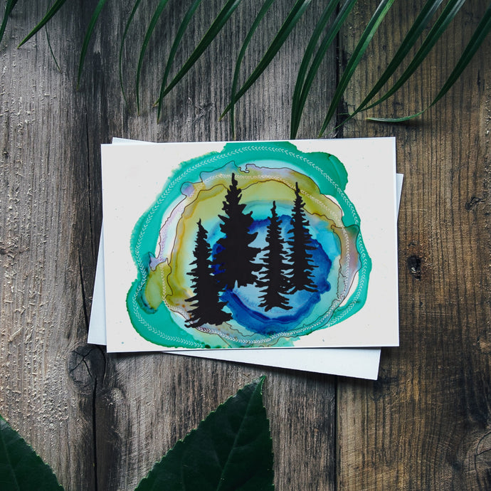 North Woods Silhouette Trees IV Greeting Card | Green Indigo Abstract Background-Stationary- by Stephanie Rowan - Lake and River Studio