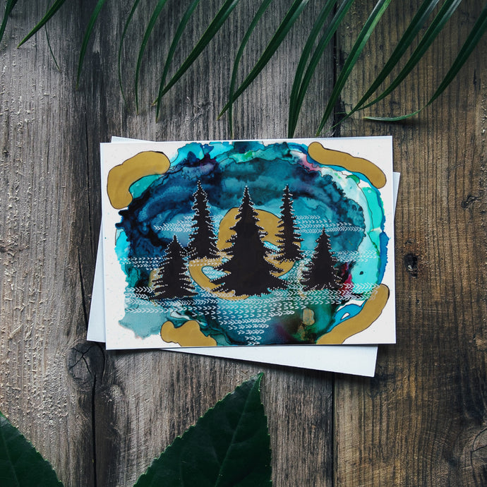 Northwoods Pines Surreal Trees II Greeting Card | Blue Abstract Background-Stationary- by Stephanie Rowan - Lake and River Studio