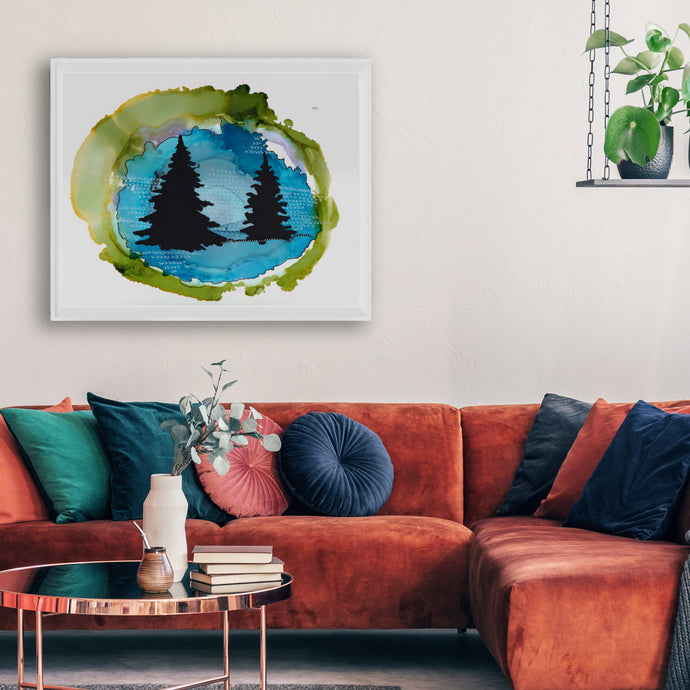 Norway Pine Turquoise Vignette Art Print with Blue and Green-Prints- by Stephanie Rowan - Lake and River Studio