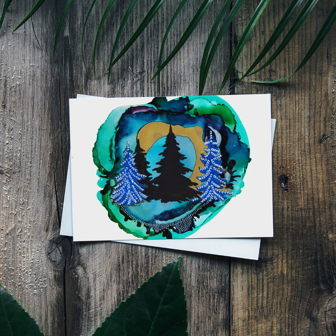 Norway Pines Surreal Silhouette Trees I Greeting Card | Blue Green Abstract Background-Stationary- by Stephanie Rowan - Lake and River Studio
