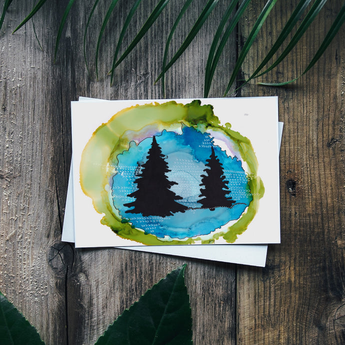 Norway Pines Surreal Trees V Greeting Card | Blue Green Abstract Background-Stationary- by Stephanie Rowan - Lake and River Studio