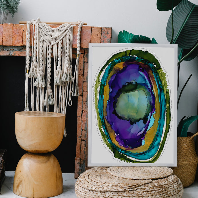 Oval Abstract painting Art Print with Gold, Green, and Purple-Abstract Art Prints- by Stephanie Rowan - Lake and River Studio