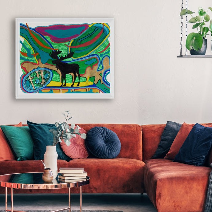 Psychedelic Moose Silhouette 3 Art Print Gold Journey-Prints- by Stephanie Rowan - Lake and River Studio