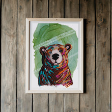 Load image into Gallery viewer, Bear Wildlife Portrait 1, impressionism painting, Art Print with Green Abstract Background-Prints- by Stephanie Rowan - Lake and River Studio
