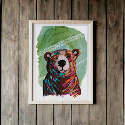Bear Wildlife Portrait 1, impressionism painting, Art Print with Green Abstract Background-Prints- by Stephanie Rowan - Lake and River Studio