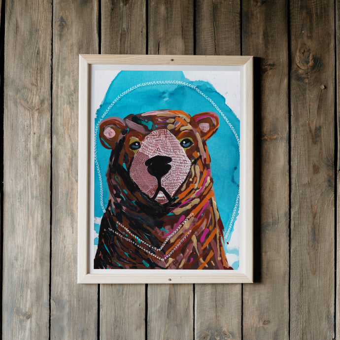 Wildlife Bear Portrait 3, Pensive Impressionism painting, Art print with Turquoise Background-Prints- by Stephanie Rowan - Lake and River Studio
