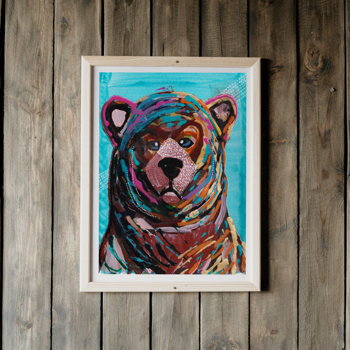 Sad Bear Portrait 5, Impressionism Painting, Art Print with Blue Background-Prints- by Stephanie Rowan - Lake and River Studio