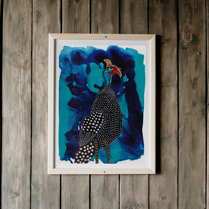 Fiesta Guinea Fowl Bird 2 Blue Art Print-Prints- by Stephanie Rowan - Lake and River Studio
