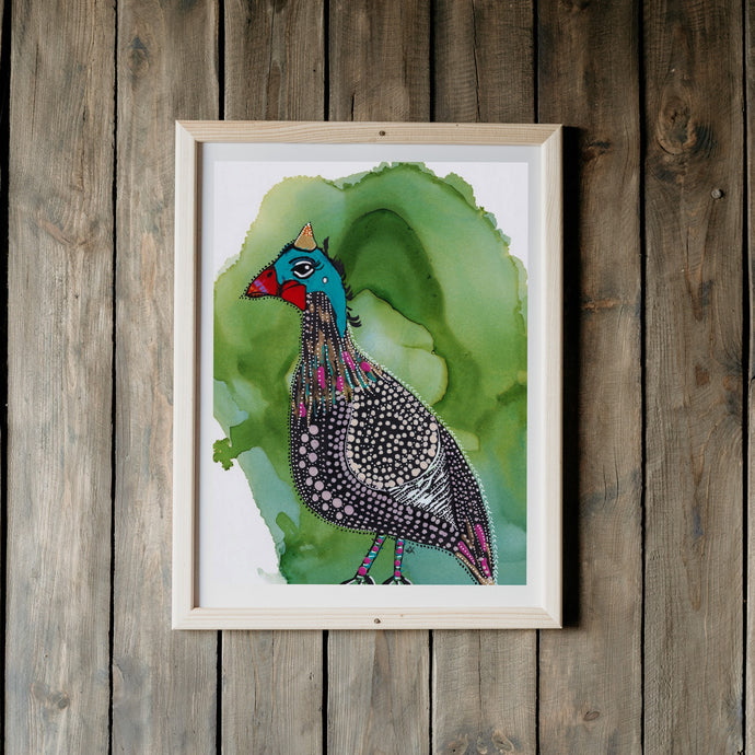 Fiesta Guinea Fowl Hen Bird Green 1 Art Print-Prints- by Stephanie Rowan - Lake and River Studio