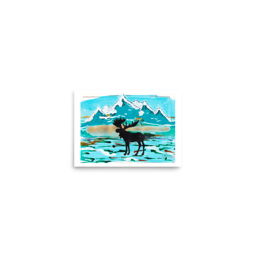Mountain Landscape Moose Silhouette Art print- by Stephanie Rowan - Lake and River Studio