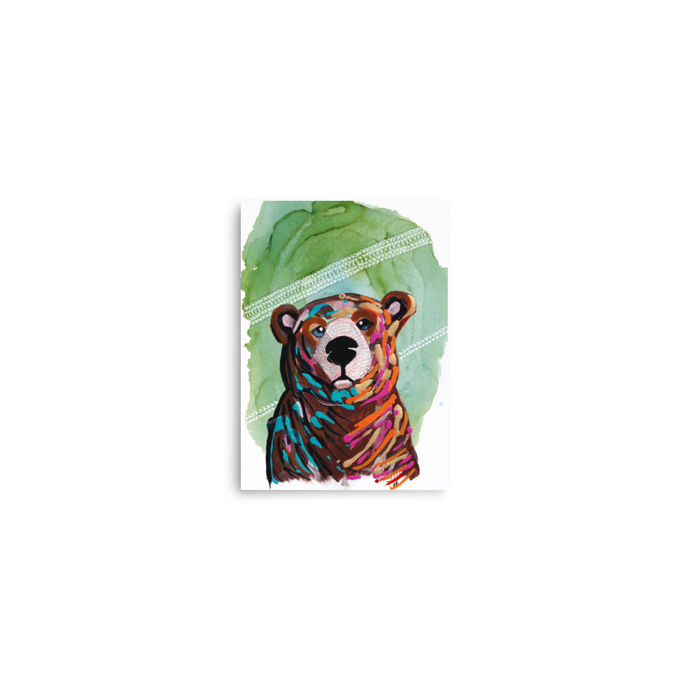 Bear Wildlife Portrait 1, impressionism painting, Green Abstract Background- by Stephanie Rowan - Lake and River Studio