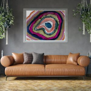 Agate Slice Geode Abstract Painting Art Print Red Gold Magenta over leather couch