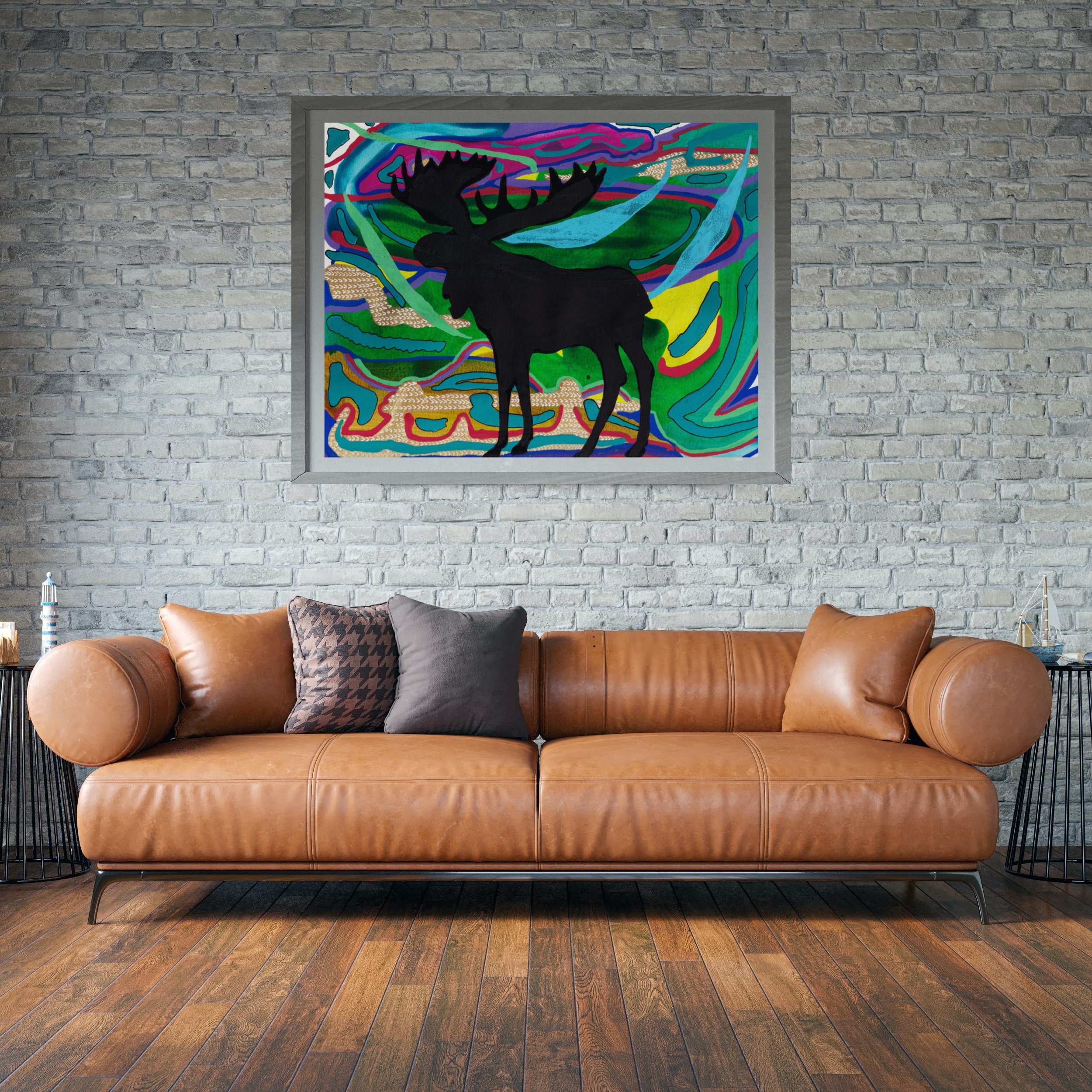 Psychedelic Moose of Minnesota Silhouette Art Print in frame.